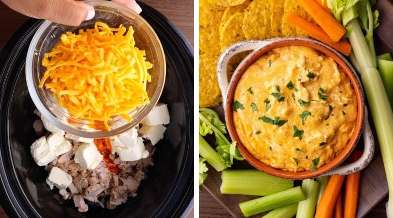 Buffalo Dip during cooking beside image of dip in serving dish