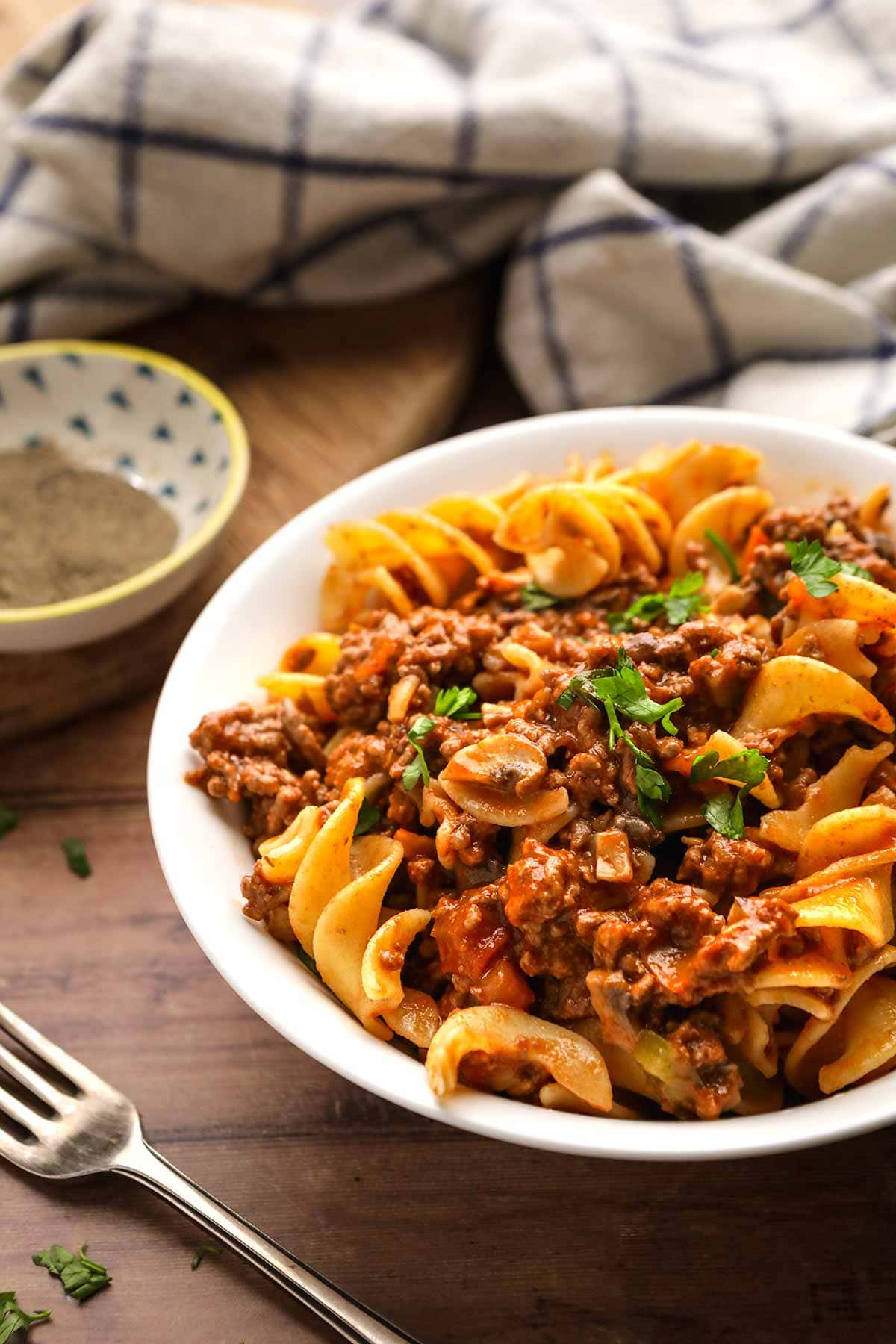 Swiss Steak Noodles in serving bowl