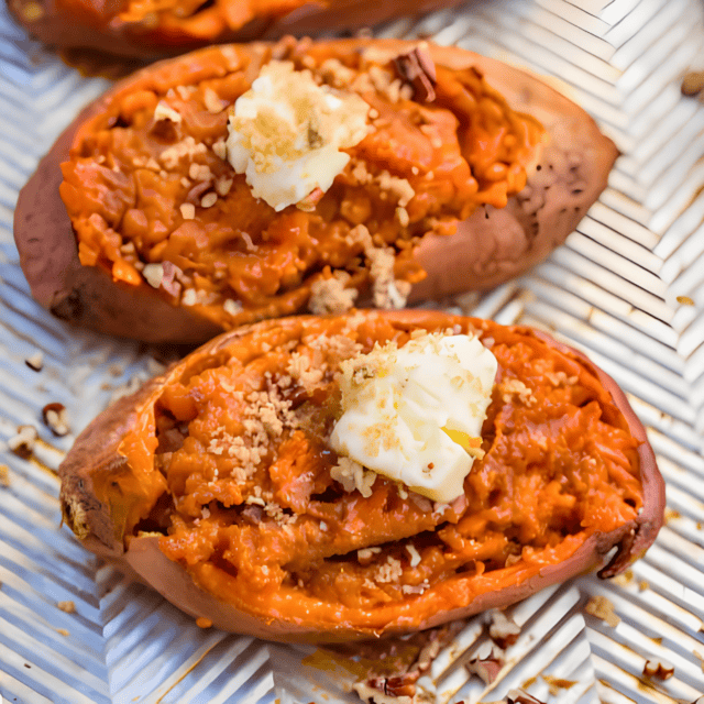 two orange potatoes on a baking sheet with a slice of butter on top