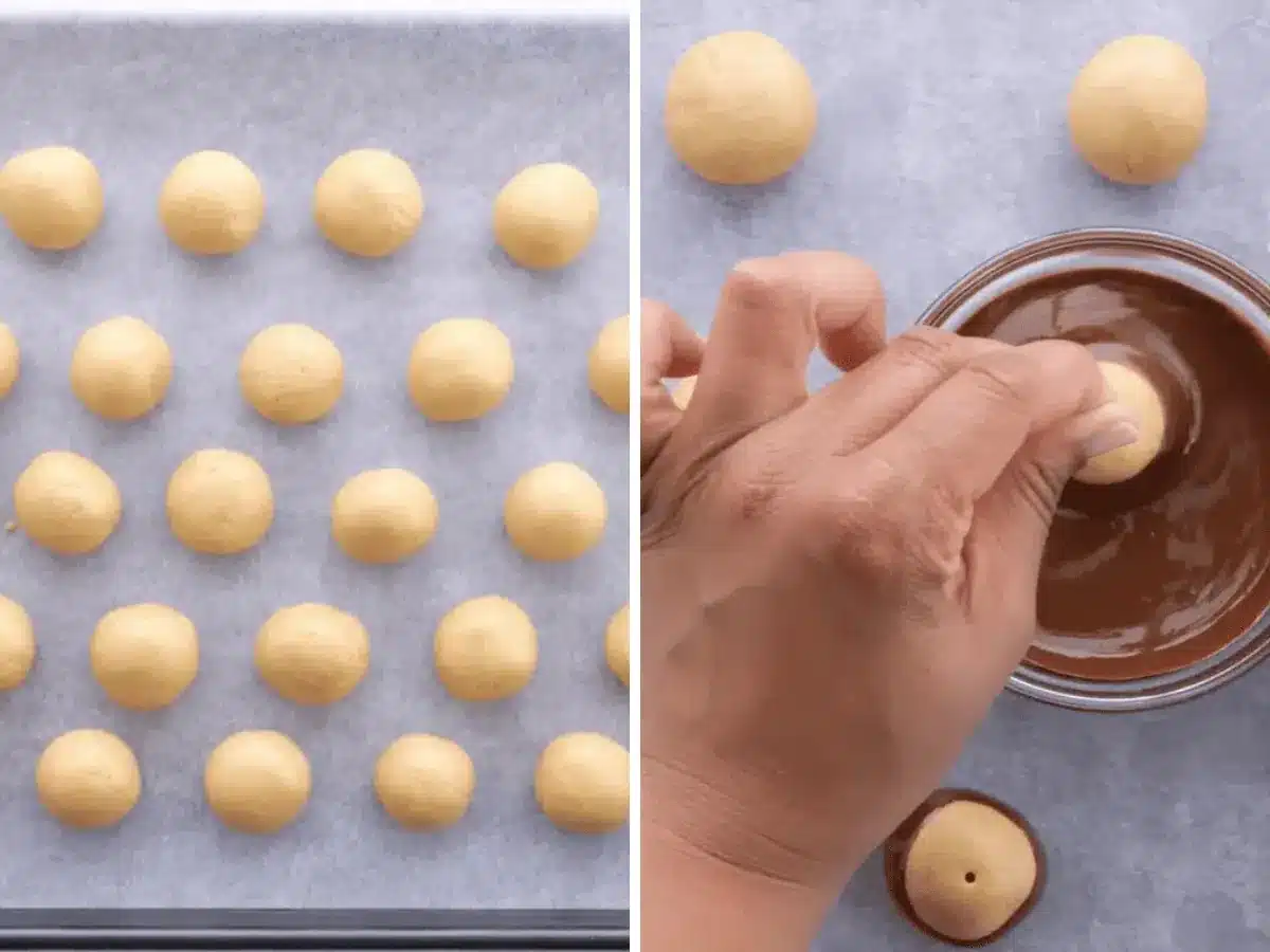Collage of balls on tray and being dipped 