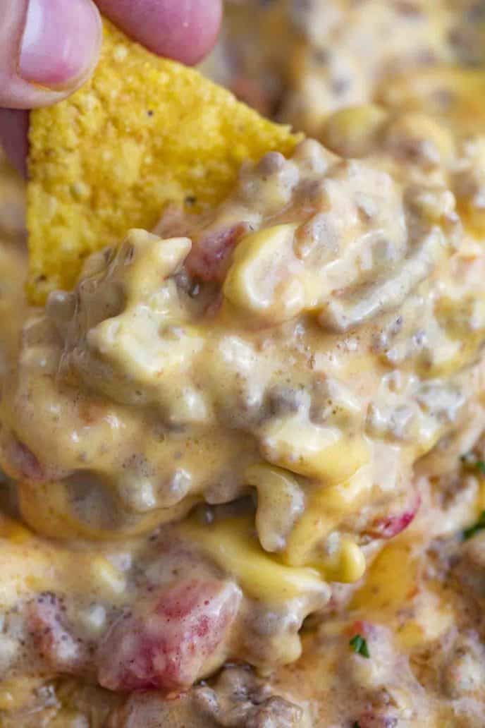 Cheesy Crockpot Sausage Rotel Dip - The Chunky Chef