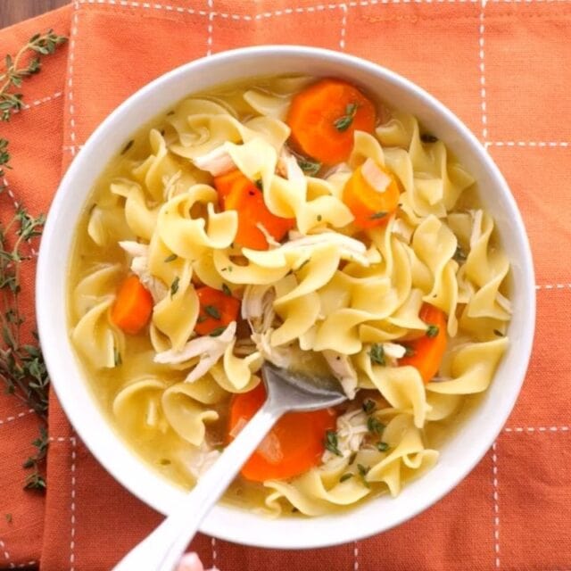 Chicken Noodle Soup in bowl with spoon