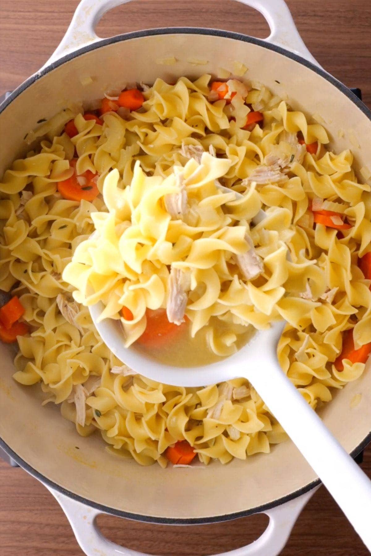 Chicken Noodle Soup in pot with ladle