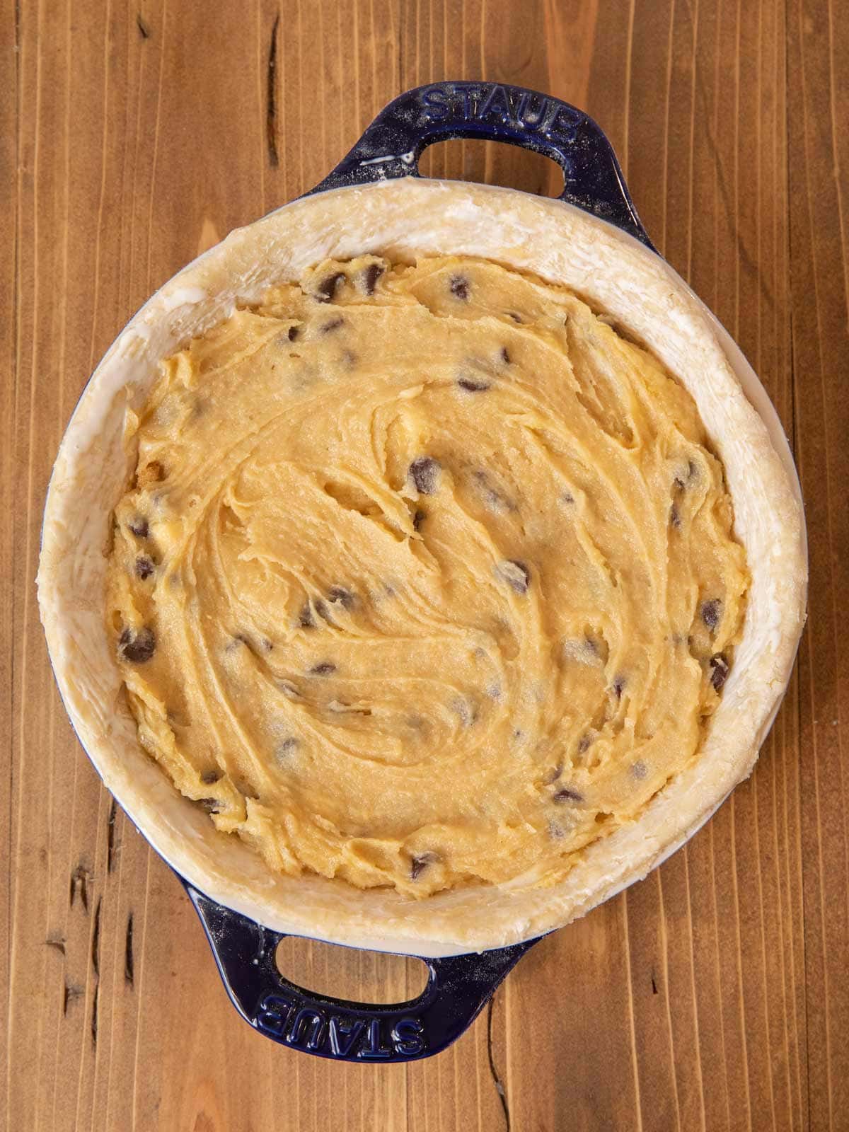 Chocolate Chip Cookie Pie unbaked pie in pie plate