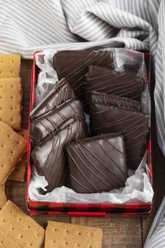 Chocolate Dipped Graham Crackers in tin