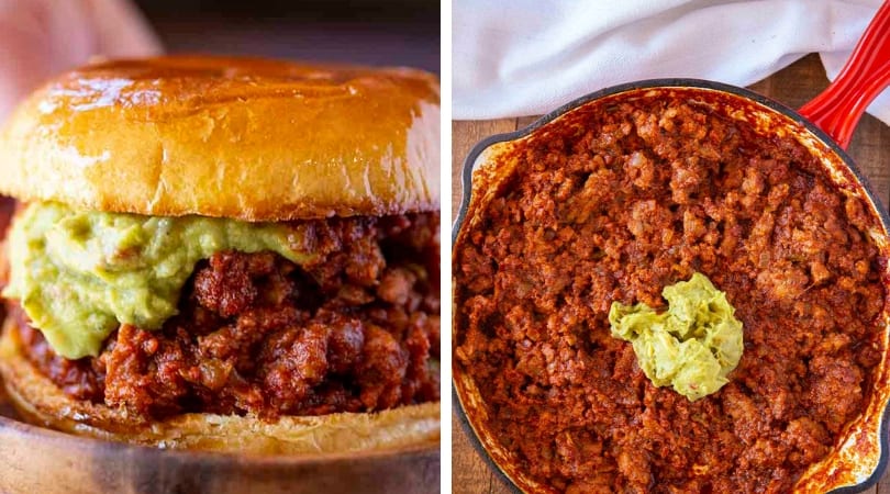 Collage of both sandwich and cooked meat in red pan 