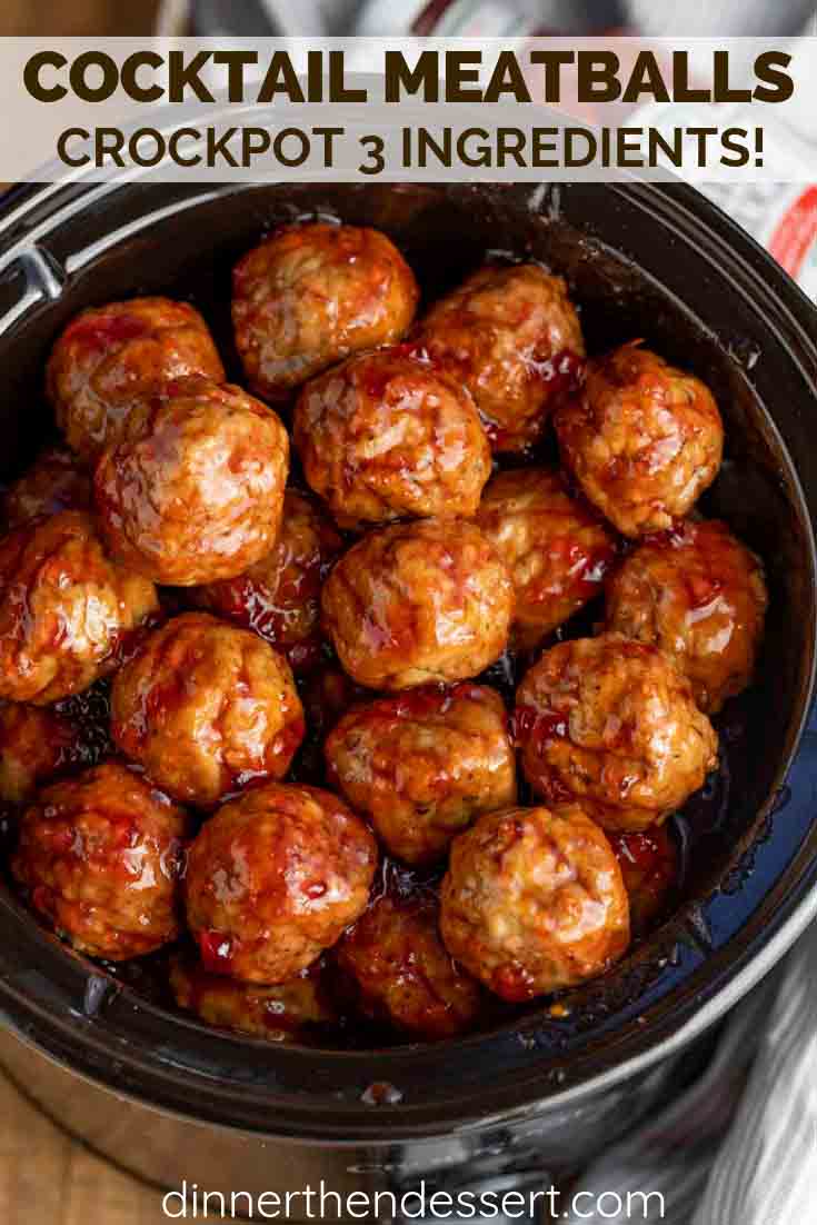 Meatballs in a slow cooker with title at the top