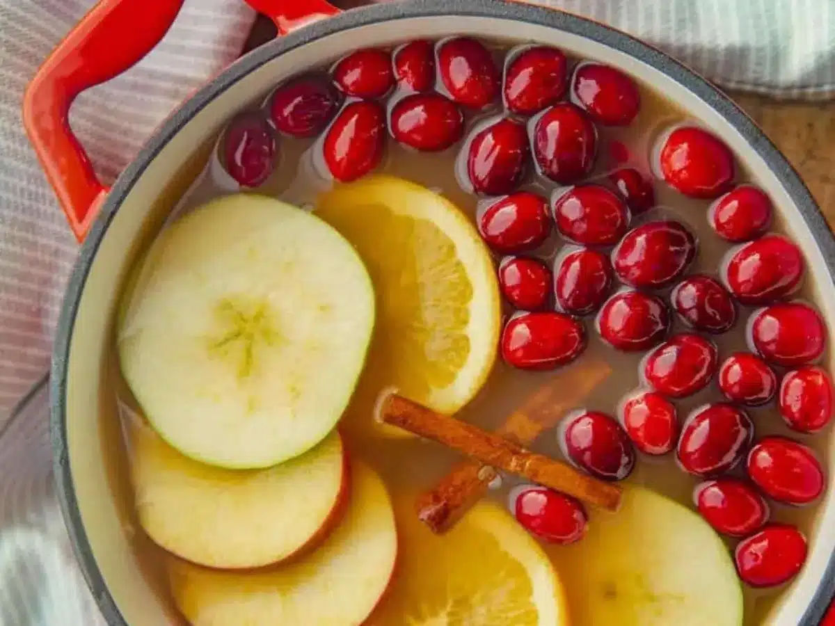 Drink with fruit, spices, and berries in pot 