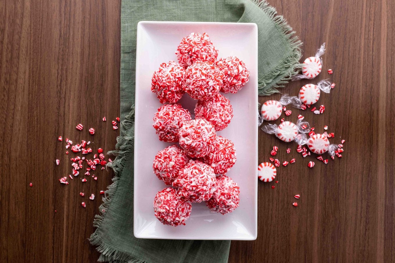 Peppermint Oreo Balls on serving tray