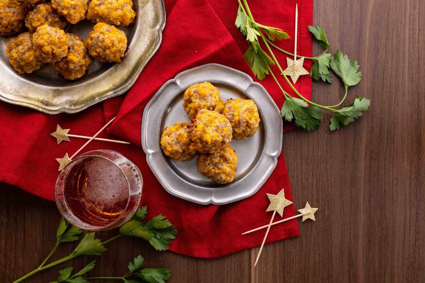 Sausage Balls on serving plate with drink.