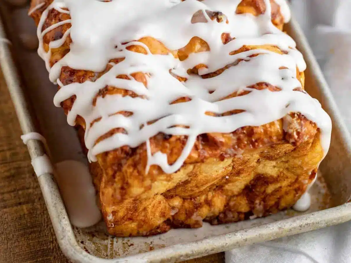 Bread in pan with frosting on top