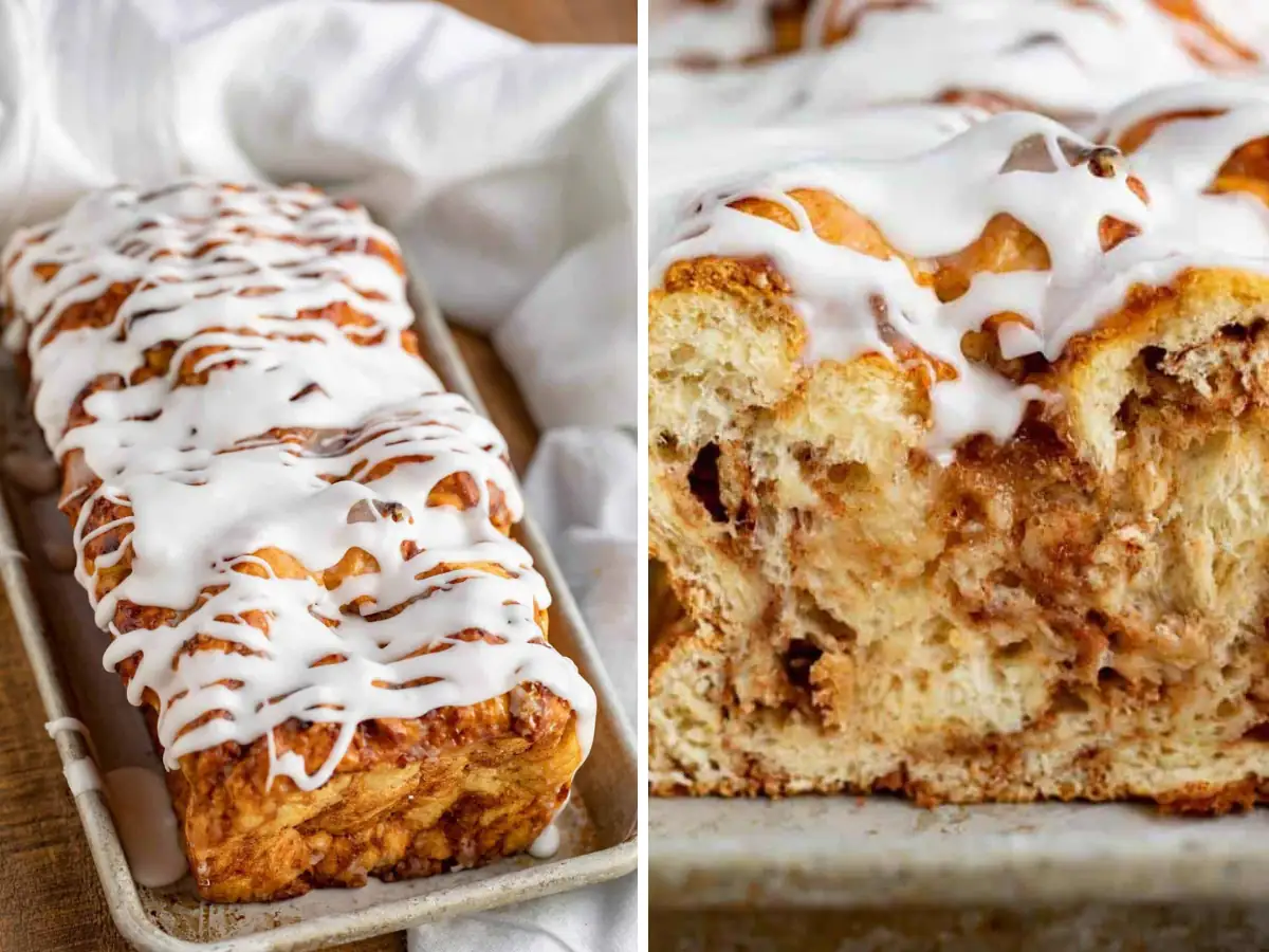 Collage of bread in pan and with slice removed