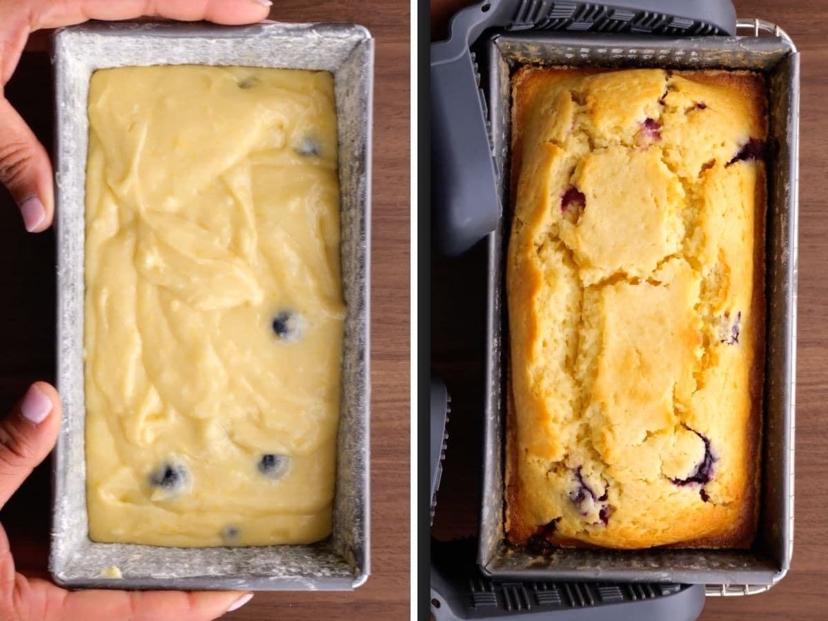 Blueberry Lemon Bread Collage of before and after baking