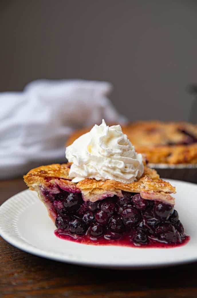 Blueberry Pie with Whipped Cream on White Plate