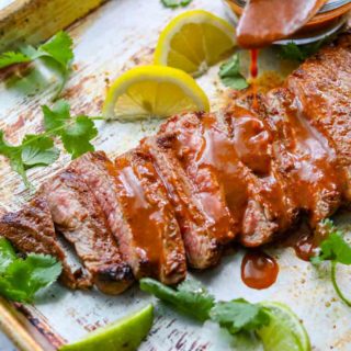 Aerial view of sliced steak