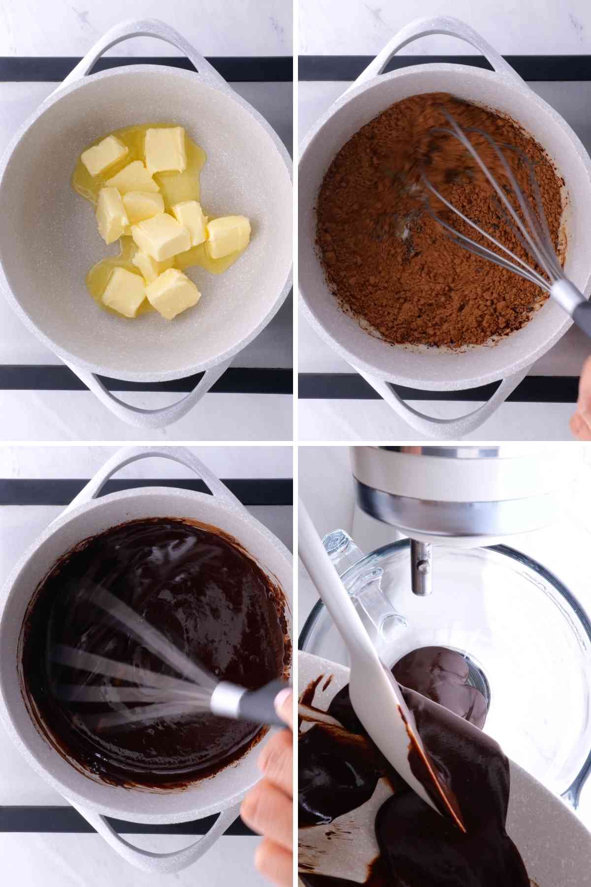 Chocolate Frosting steps of ingredients being mixed in