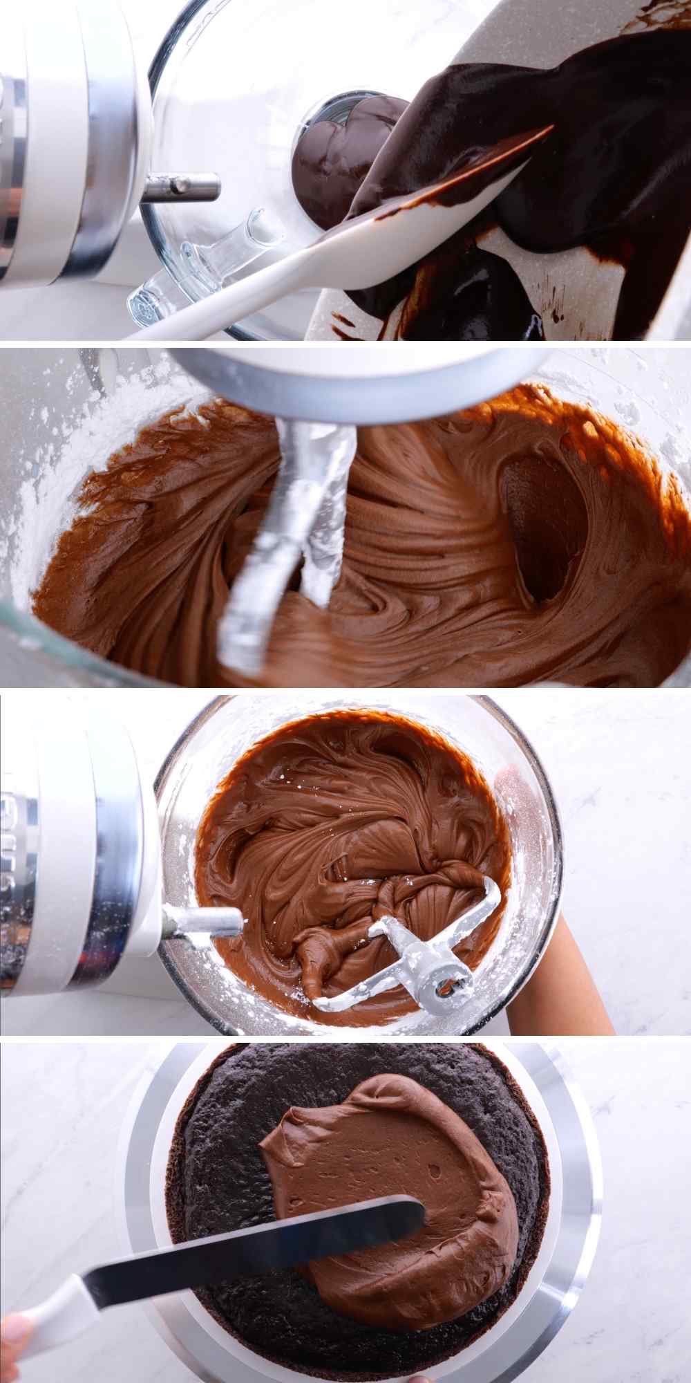 Chocolate Frosting mixing and spreading collage