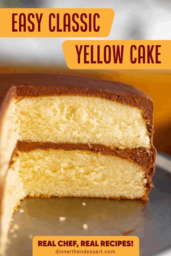 Sliced cake with recipe title in yellow banner