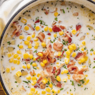 yellow pot full of cream, corn, and potatoes