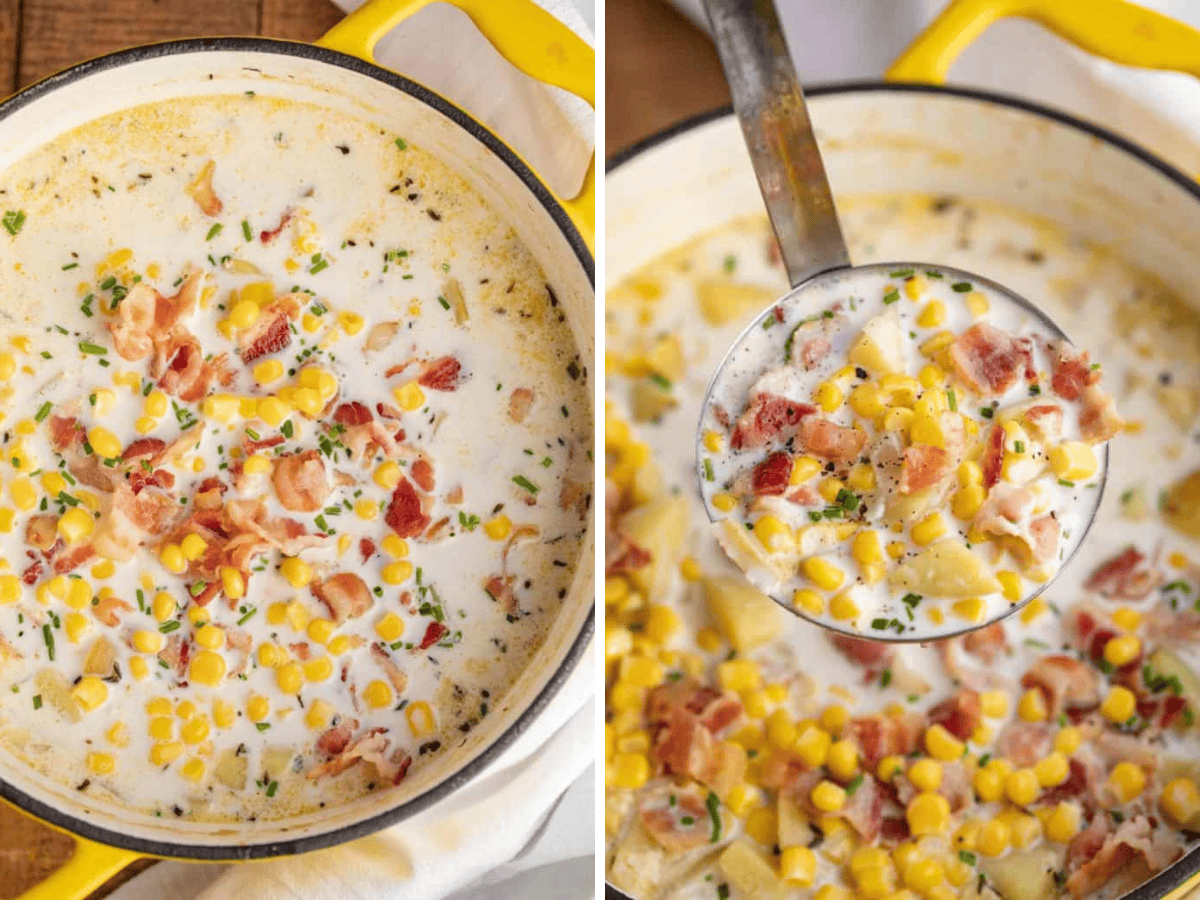 collage of pot and ladle of soup being taken