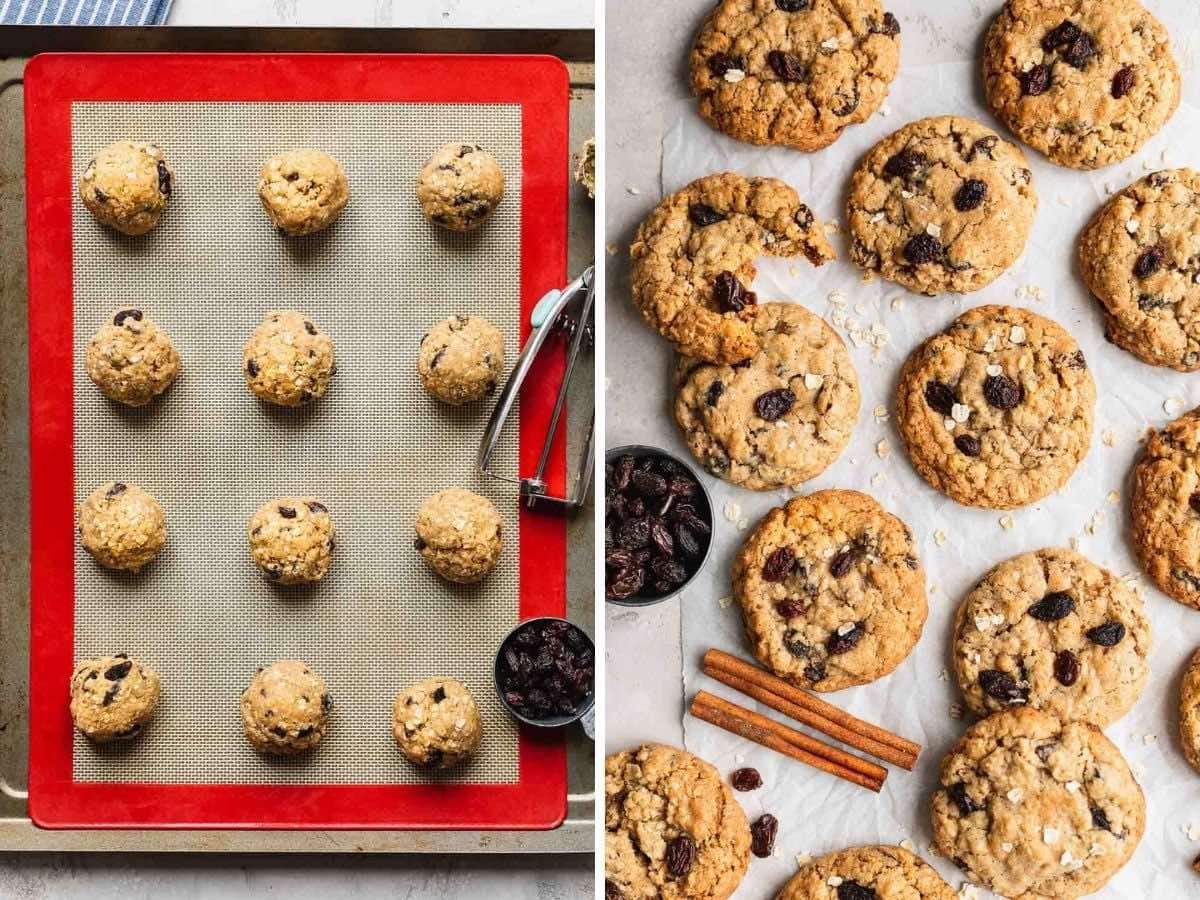 Oatmeal Raisin Cookies before and after baking collage