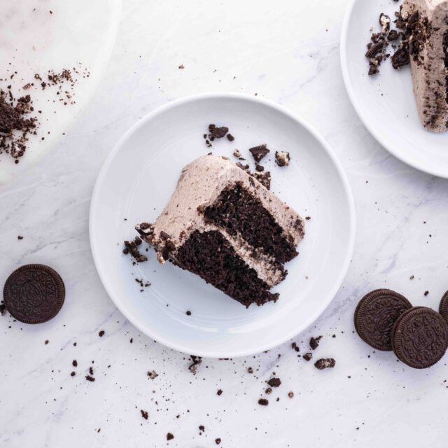 Slices of cake on plates, aerial view