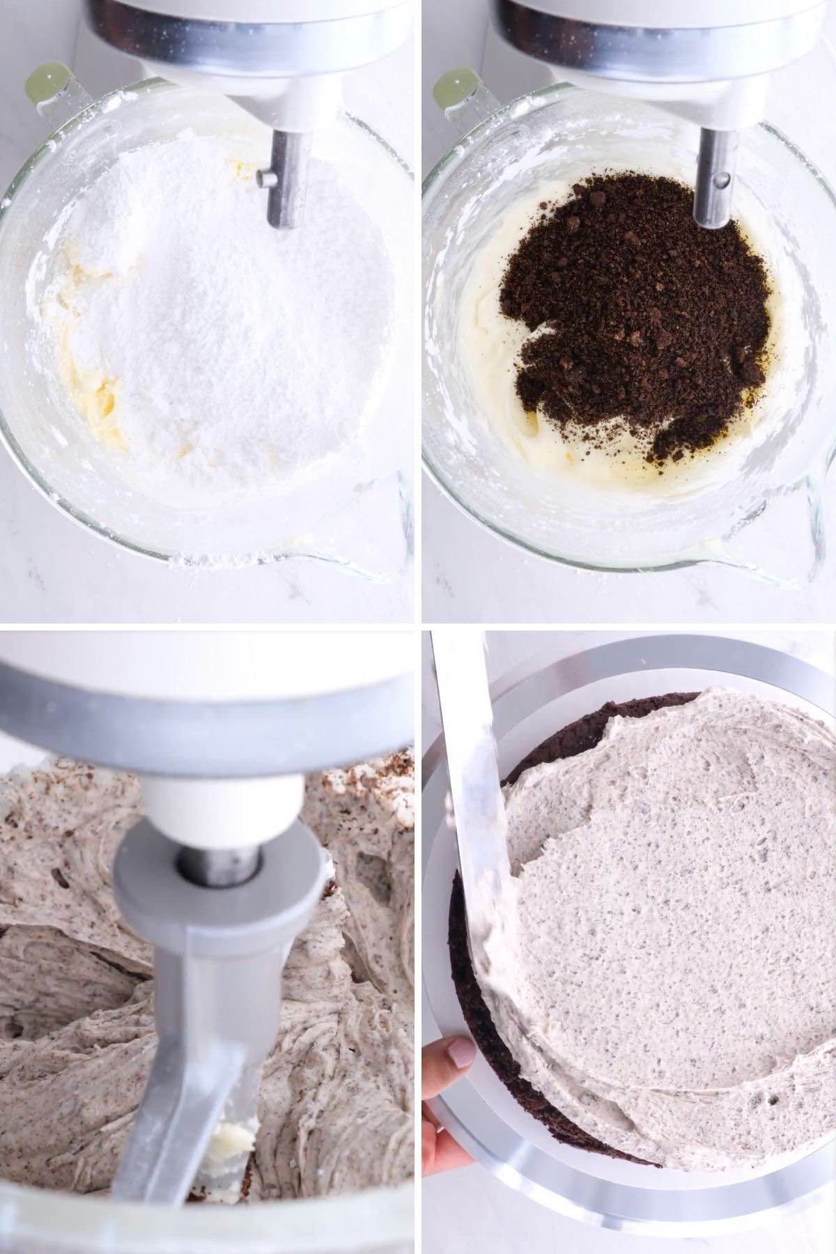 Oreo Cake collage of frosting steps
