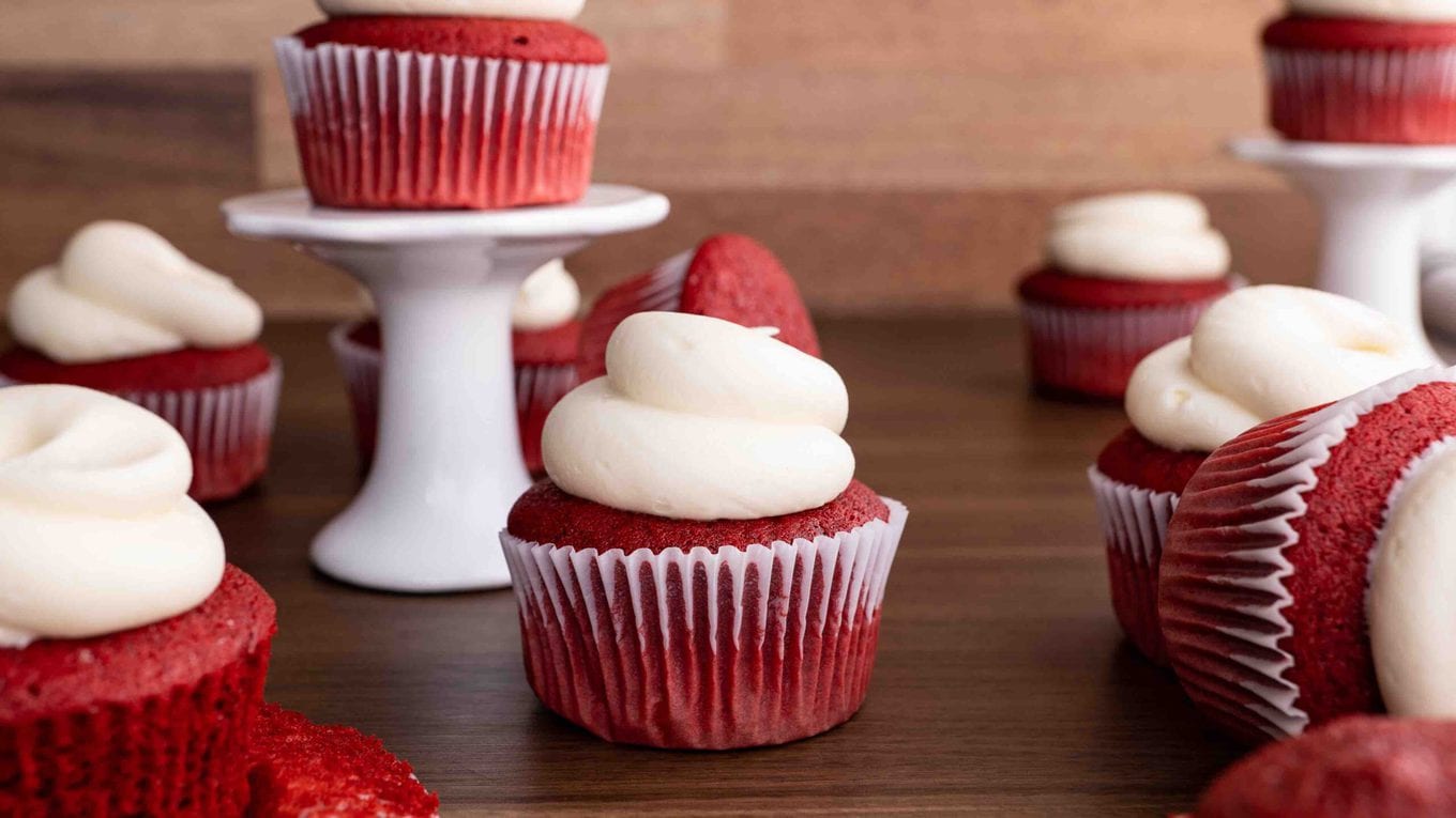 Red Velvet Cupcakes on various stands