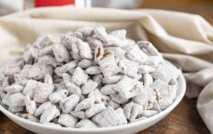 Puppy Chow in serving bowl