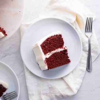 Aerial view of red velvet slice of cake