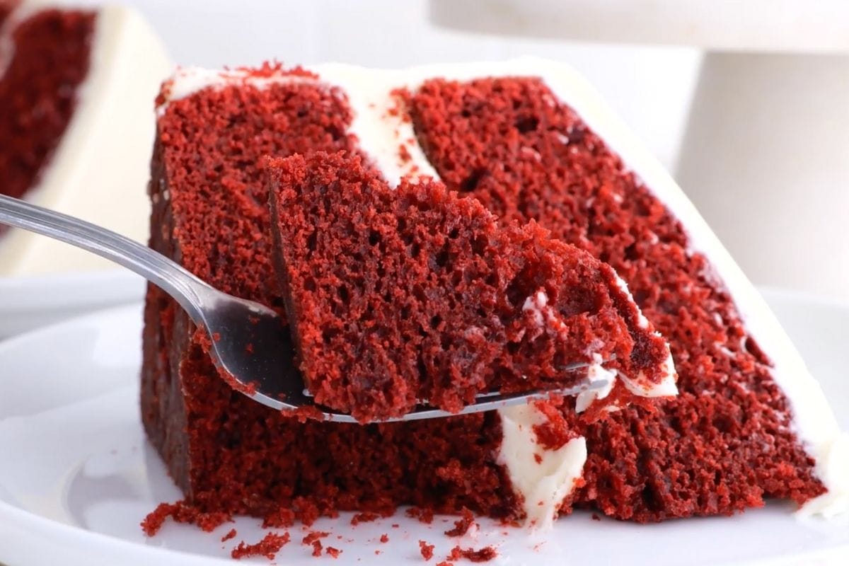 Red Velvet Cake Slice on plate with fork