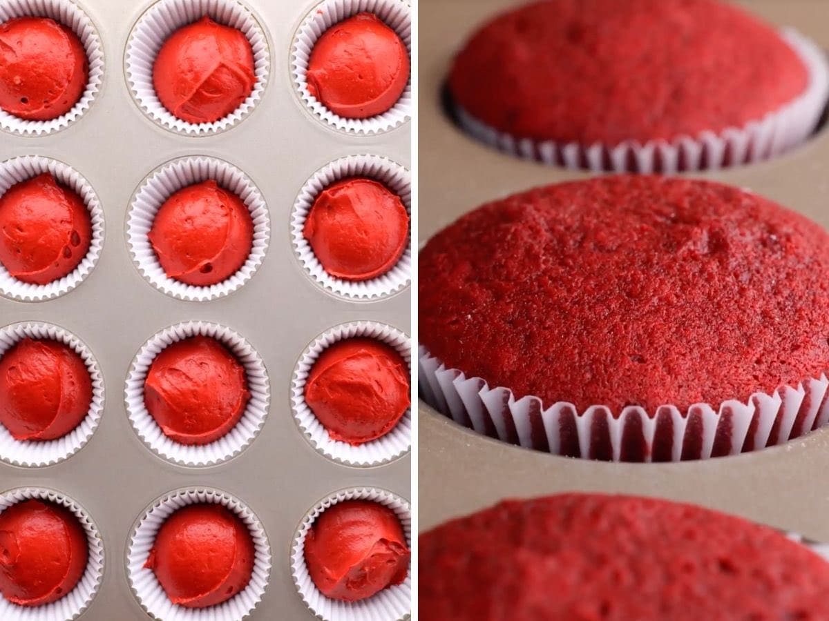 Red Velvet Cupcakes before and after baking