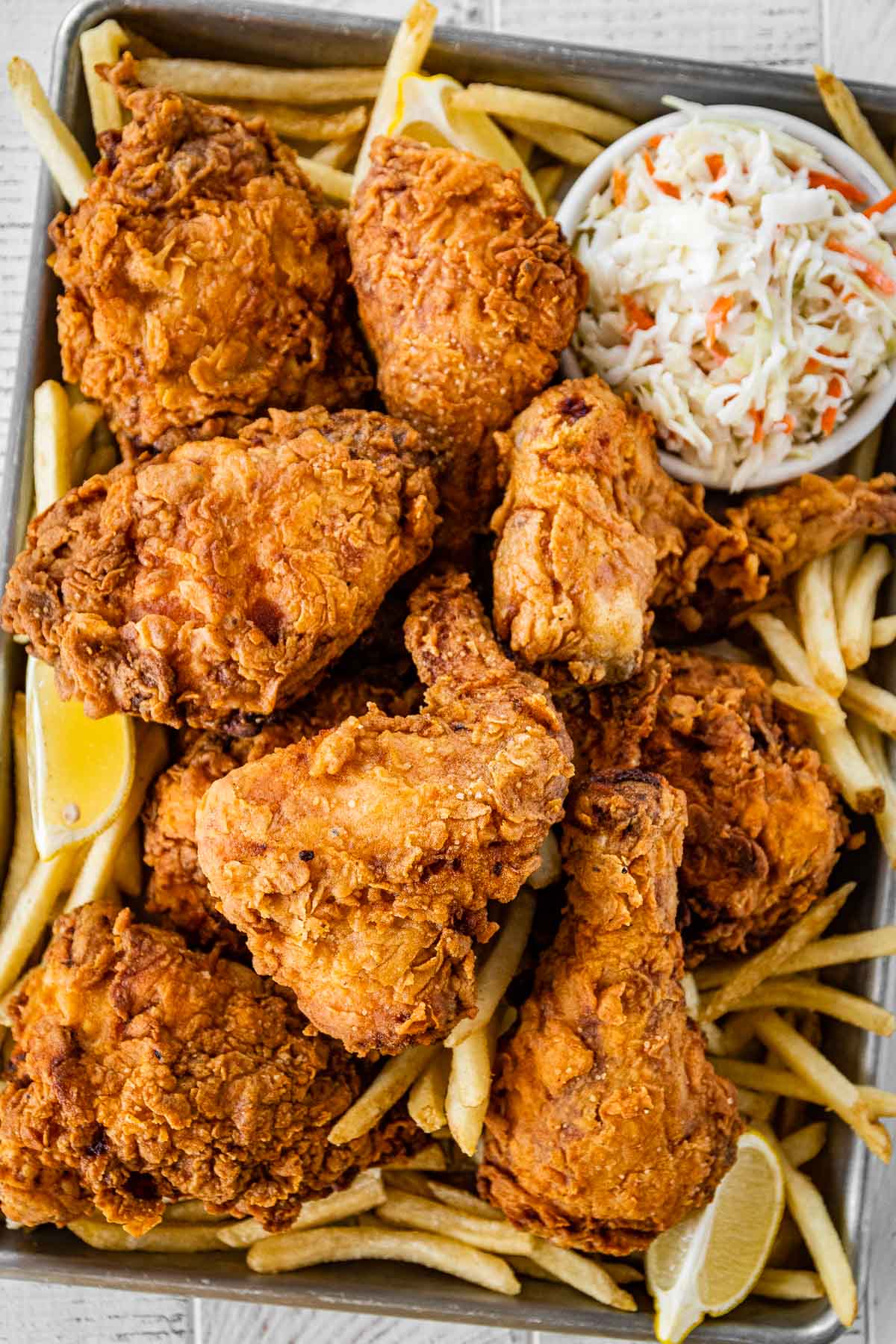 Super Crispy Fried Chicken with french fries and coleslaw