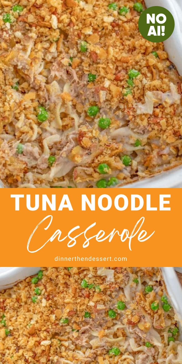 Casserole with tuna, noodles and peas topped with a crispy breadcrumb topping.