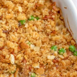 Baked Casserole with Egg Noodles and Peas in pan.