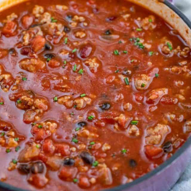Chili in pot, side angle view.