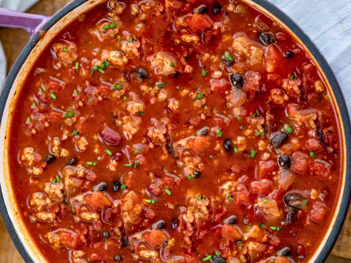 Pot of chili with ground turkey and beans