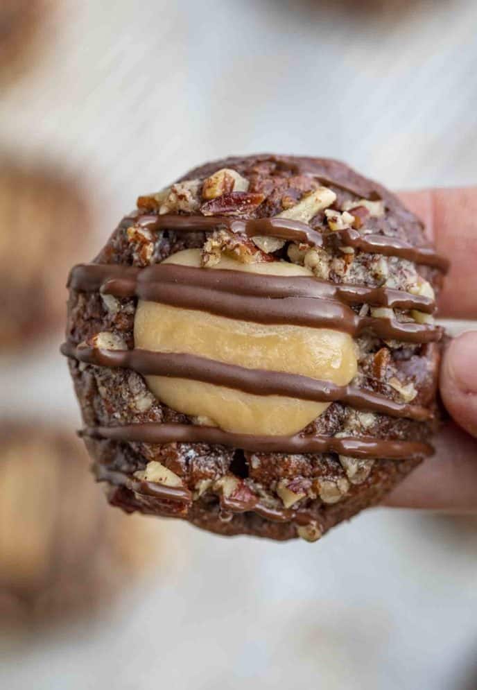 Chocolate Caramel Turtle Cookies up close