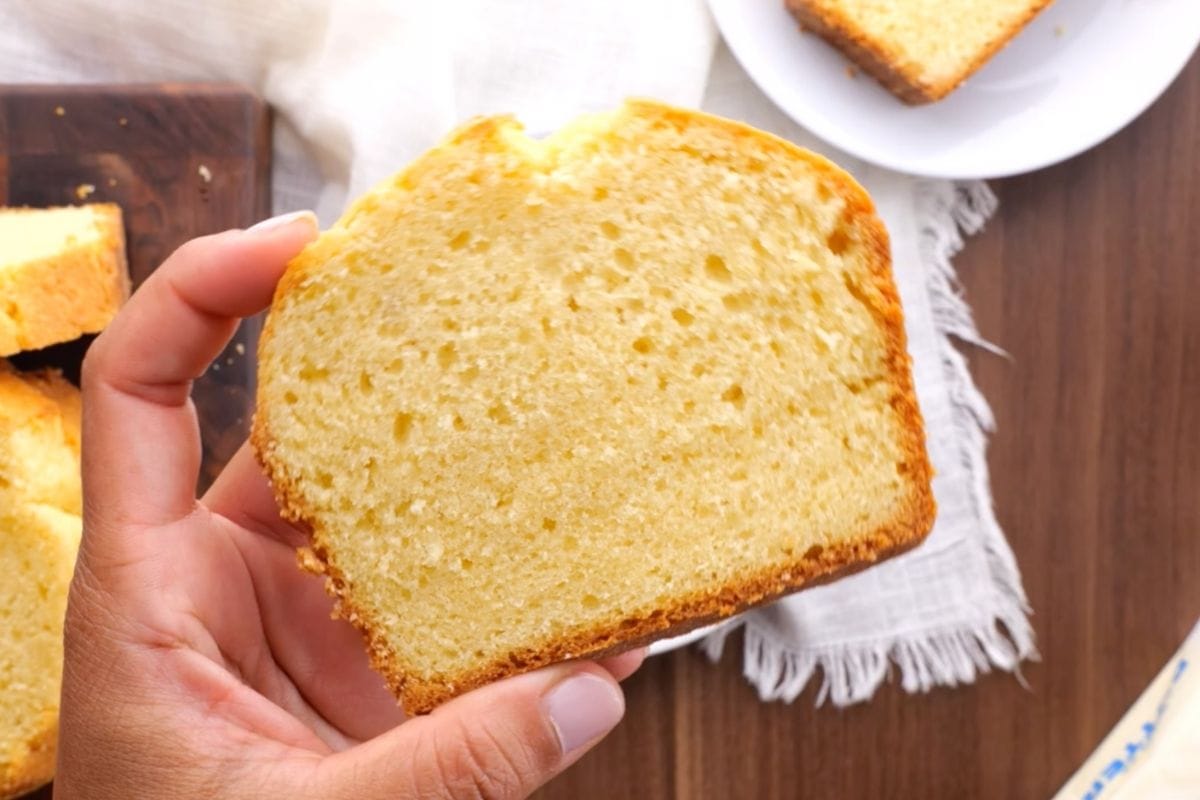 Vanilla Pound Cake slice in hand