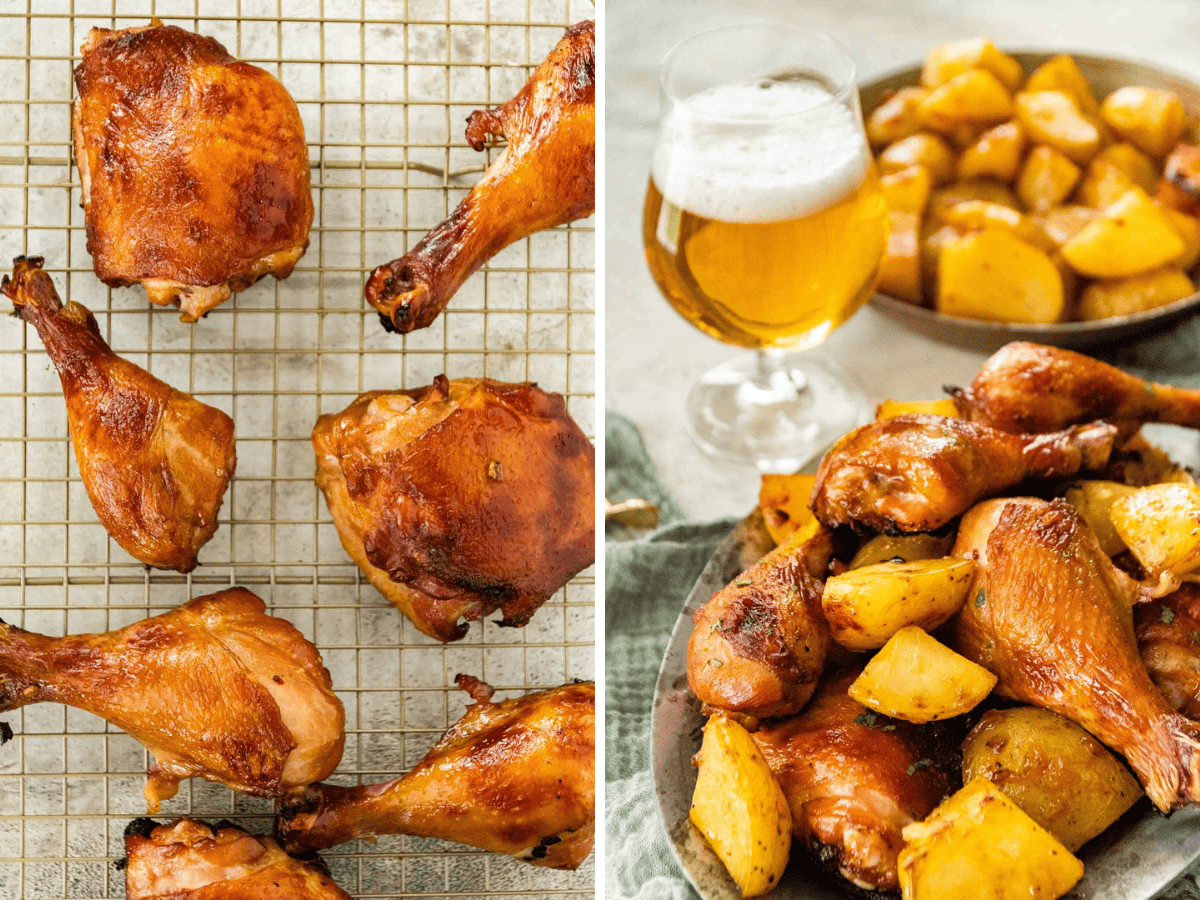 collage of finished photos of chicken on wire rack and plate of chicken with beer in the background