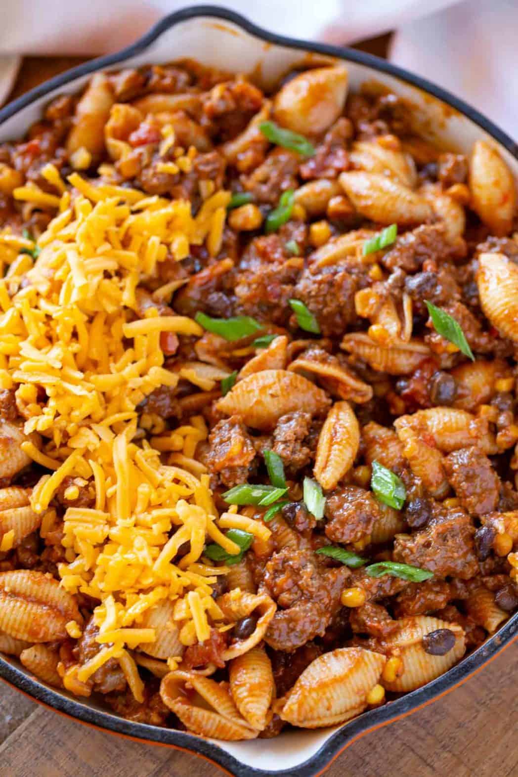 cheesy taco pasta in a skillet 