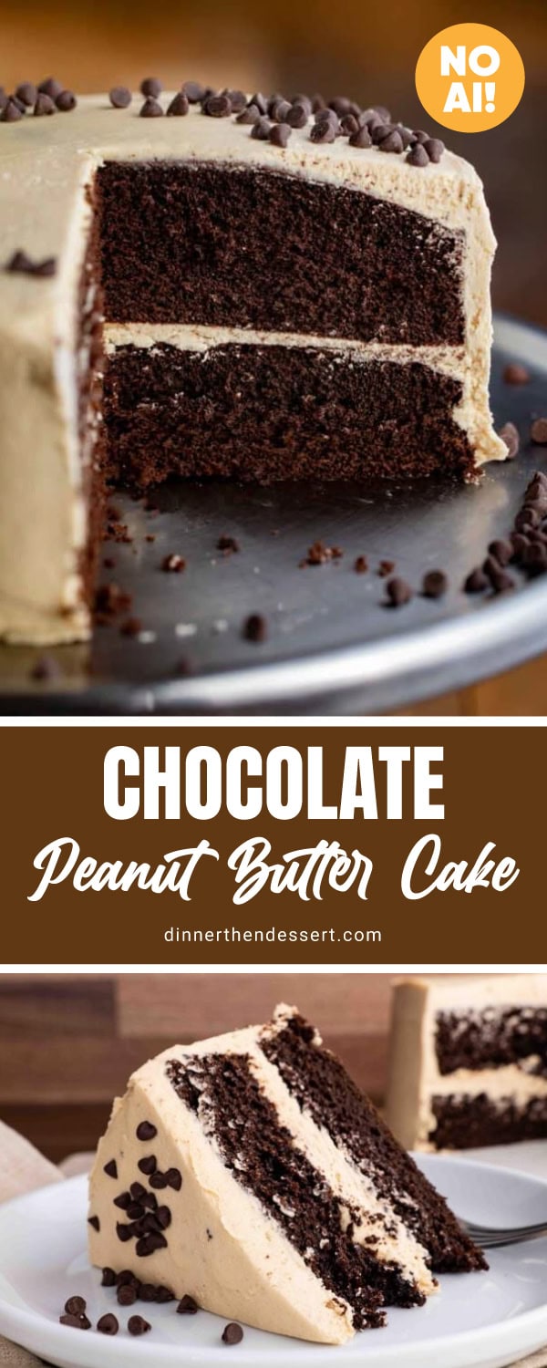 Two pictures of chocolate cake with a creamy golden peanut butter frosting.