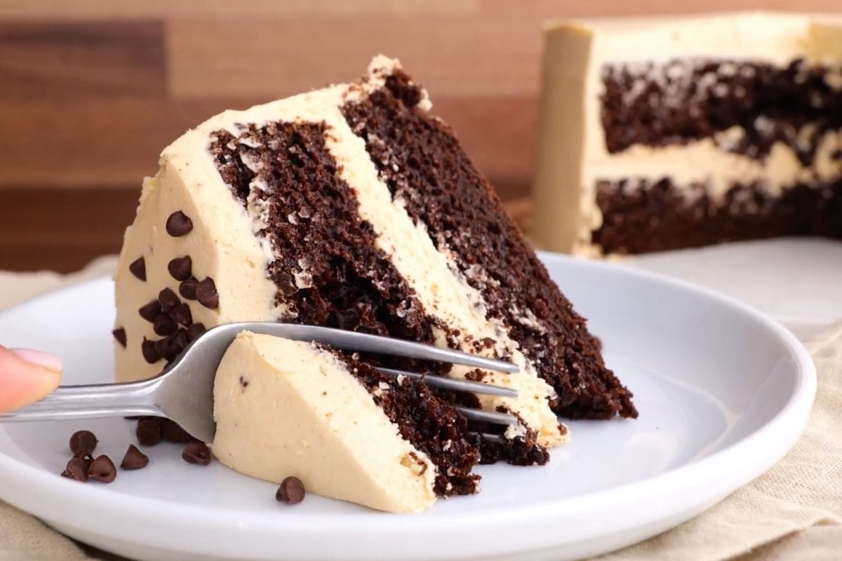 Chocolate Peanut Butter Cake is rich, creamy, with cocoa powder and peanut butter topped with mini chocolate chips, ready in under an hour! Chocolate Peanut Butter Cake slice on plate with fork