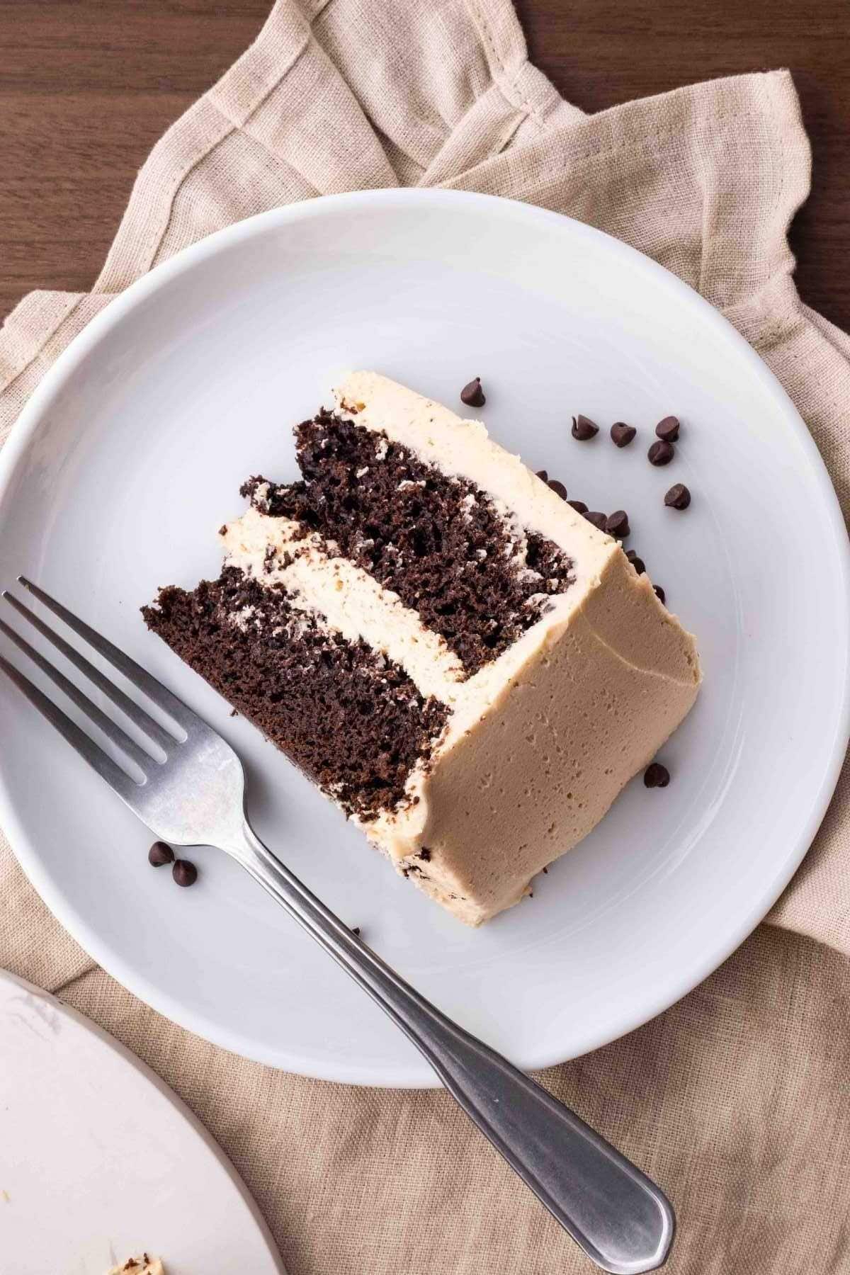 Chocolate Peanut Butter Cake is rich, creamy, with cocoa powder and peanut butter topped with mini chocolate chips, ready in under an hour! slice of cake on plate with fork