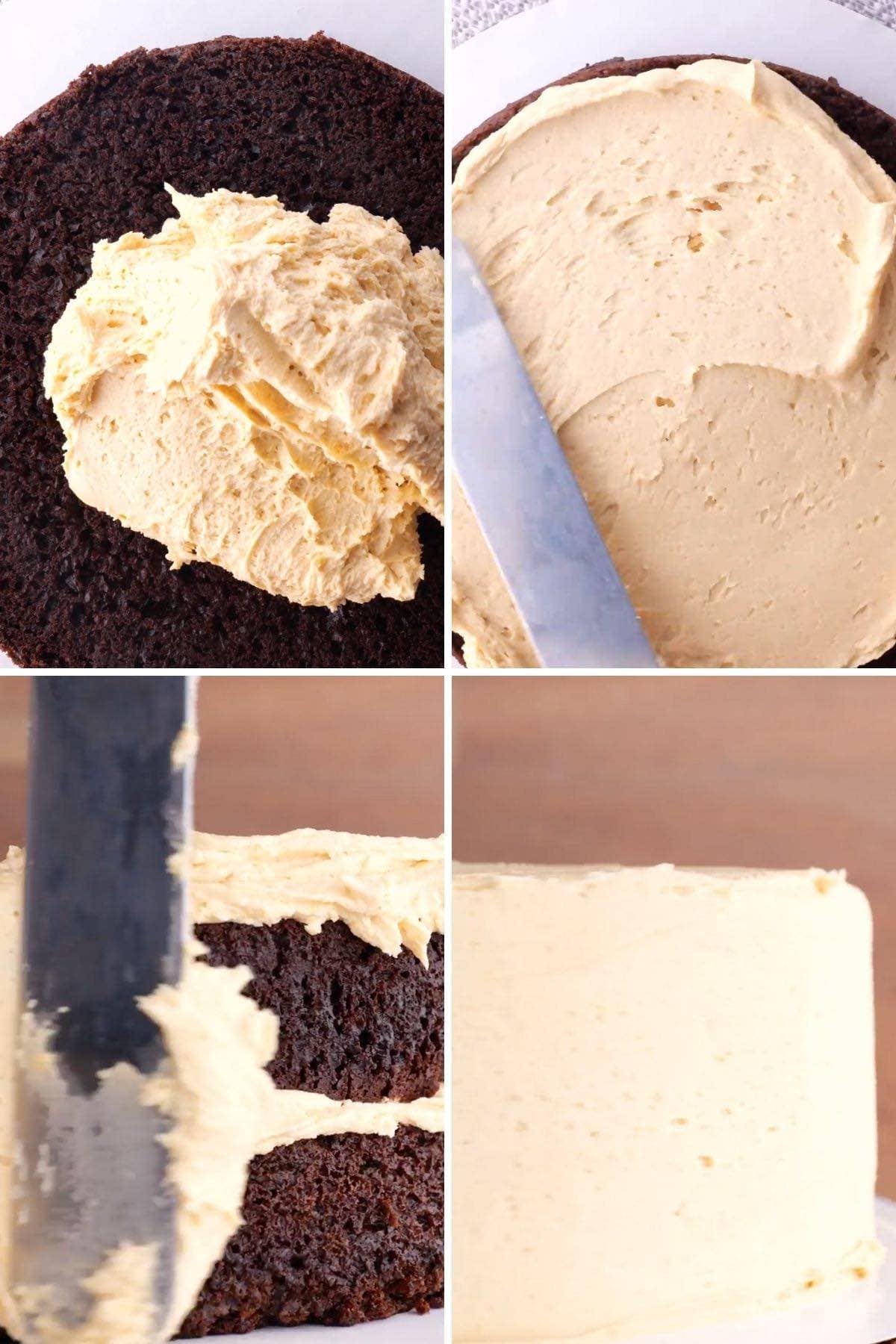 Chocolate Peanut Butter Cake is rich, creamy, with cocoa powder and peanut butter topped with mini chocolate chips, ready in under an hour! Chocolate Peanut Butter Cake Collage of frosting steps