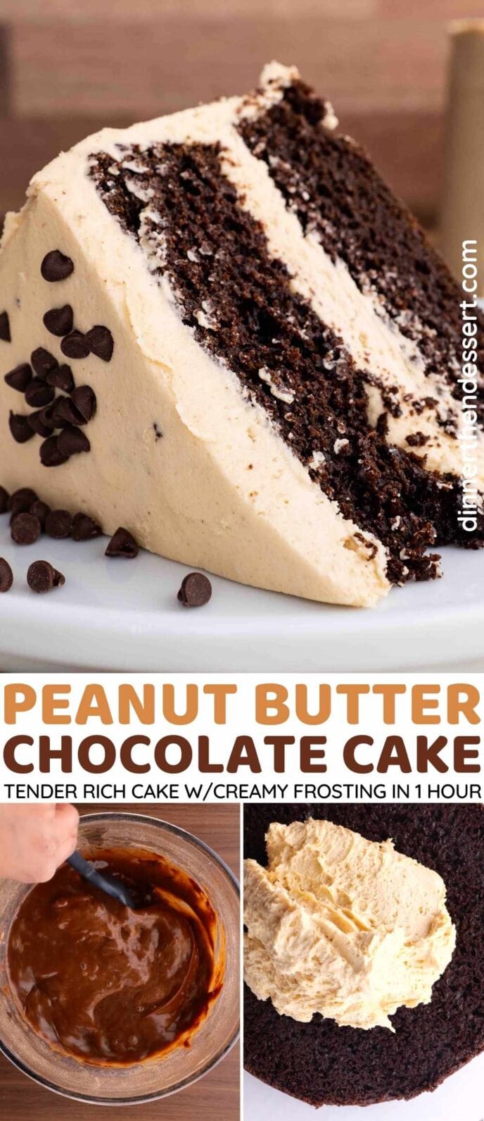 Chocolate Peanut Butter Cake is rich, creamy, with cocoa powder and peanut butter topped with mini chocolate chips, ready in under an hour! collage of cake slice, cake batter, and cake frosting