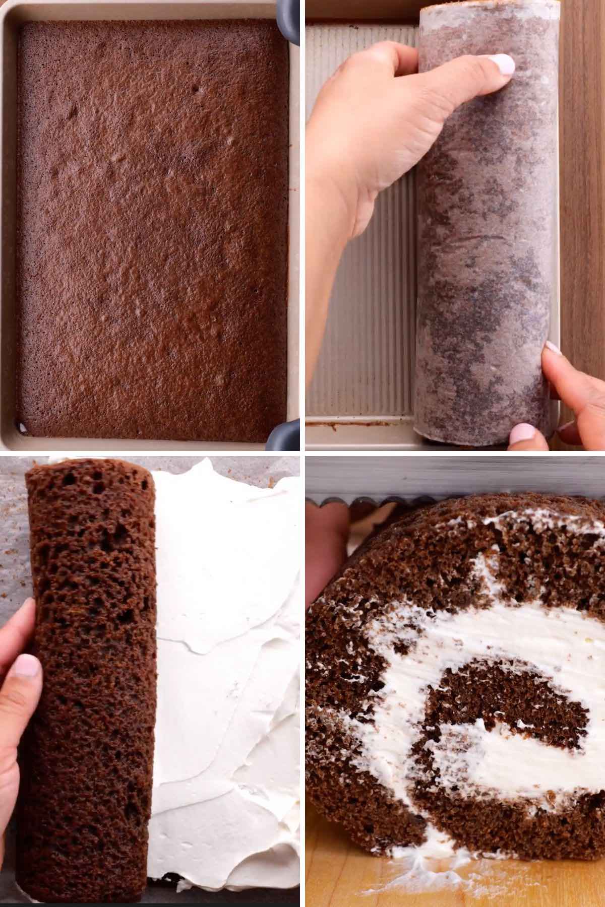 Chocolate Swiss Roll Collage of rolling steps
