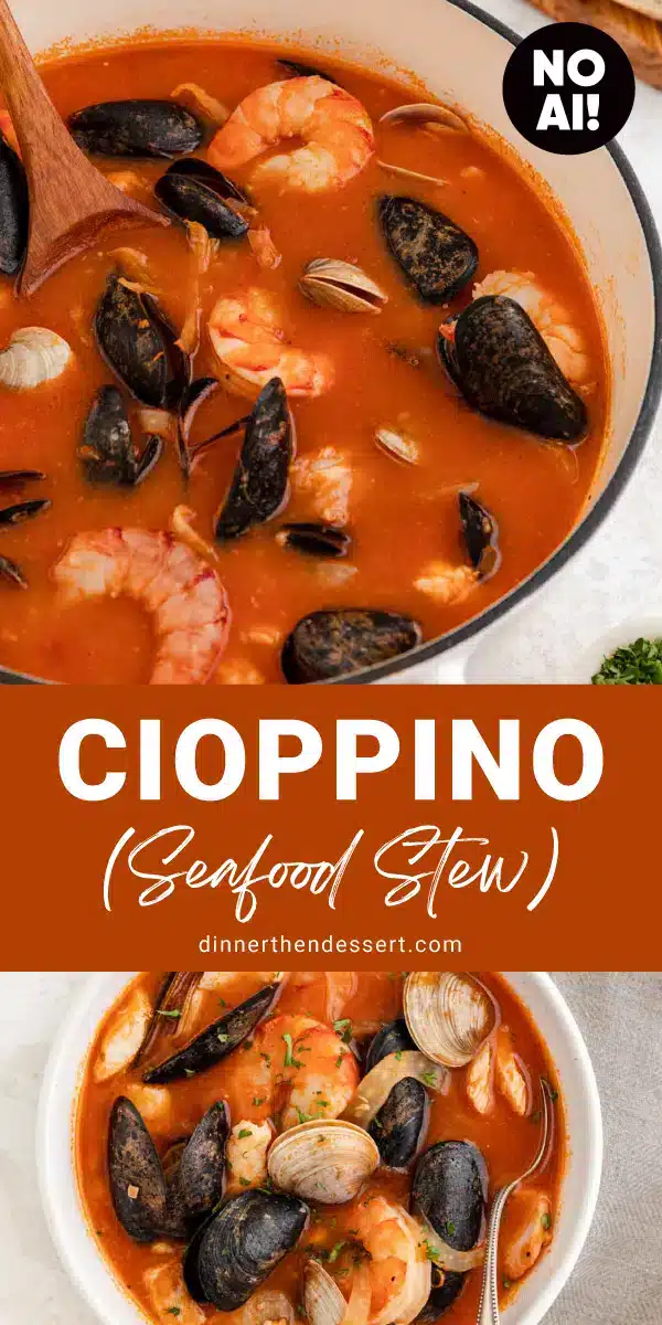 Two images of a tomato based seafood soup.
