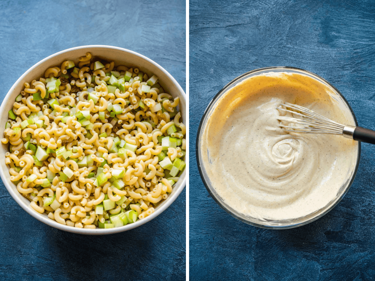 collage of noodles and celery and dressing