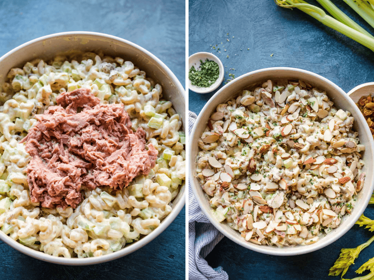 tuna being added and finished pasta salad collage